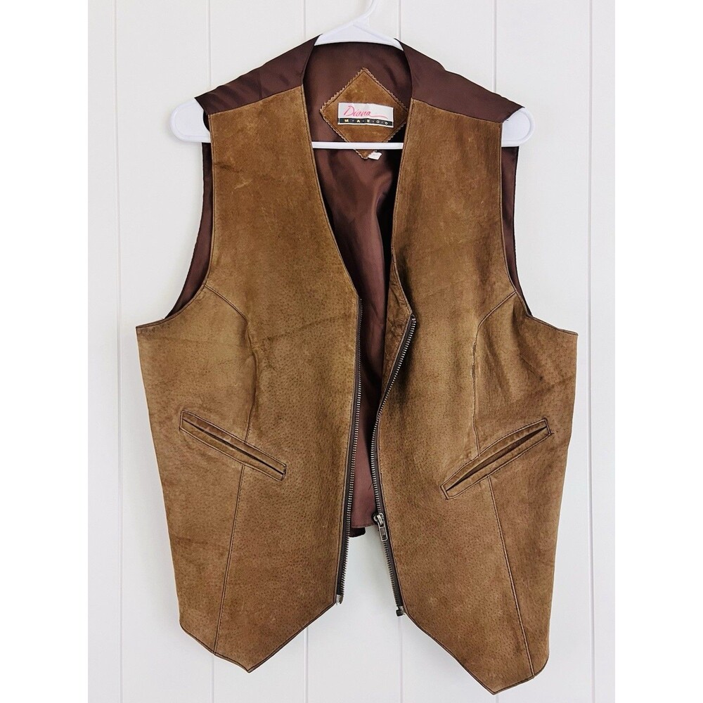Vintage Diana Marco Brown Suede Leather Zip Up Vest Western Boho Womens 14/16